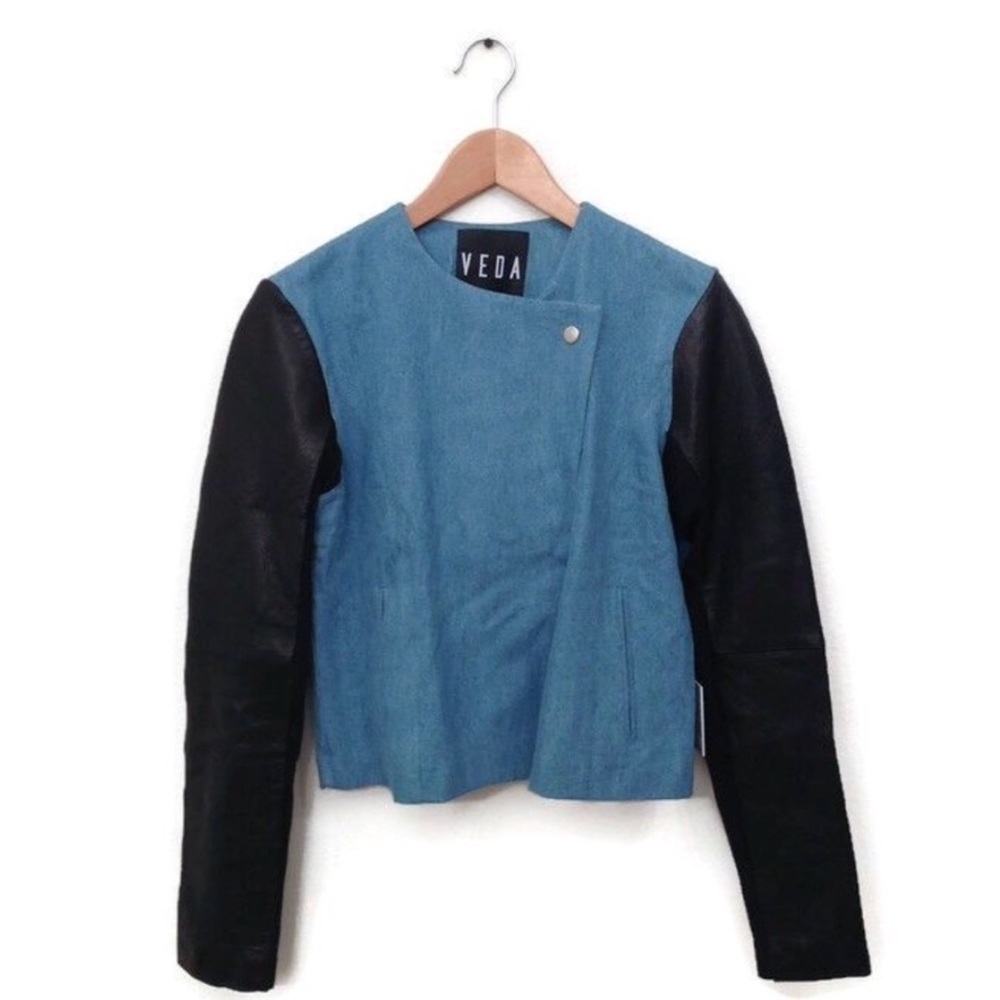 NEW NWT Veda Leather Moto Jacket Cotton Denim